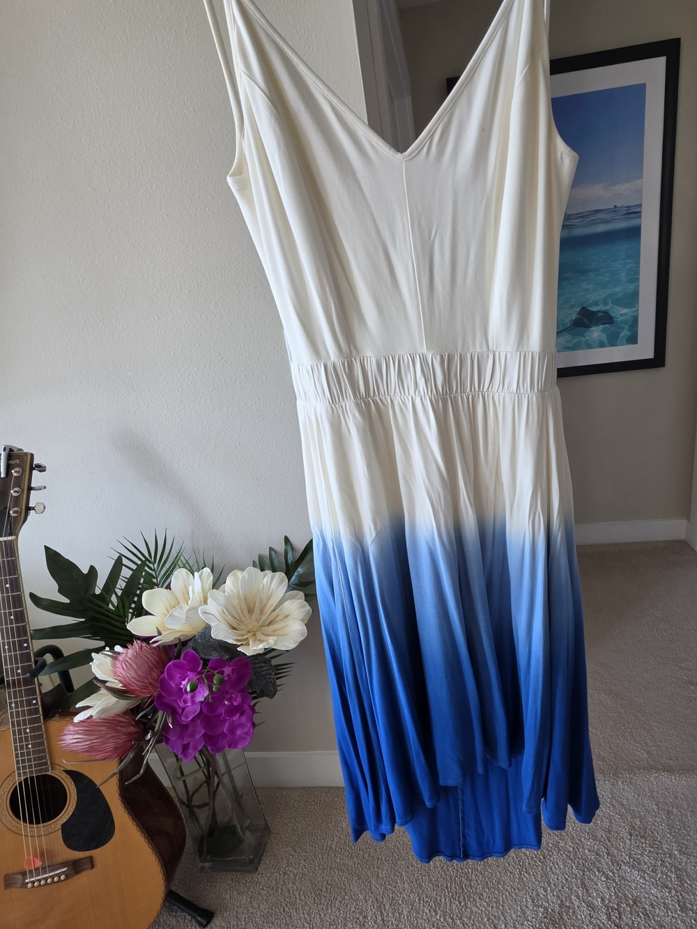 bebe White to Blue Ombre, High-low, Backless V-Neck Dress